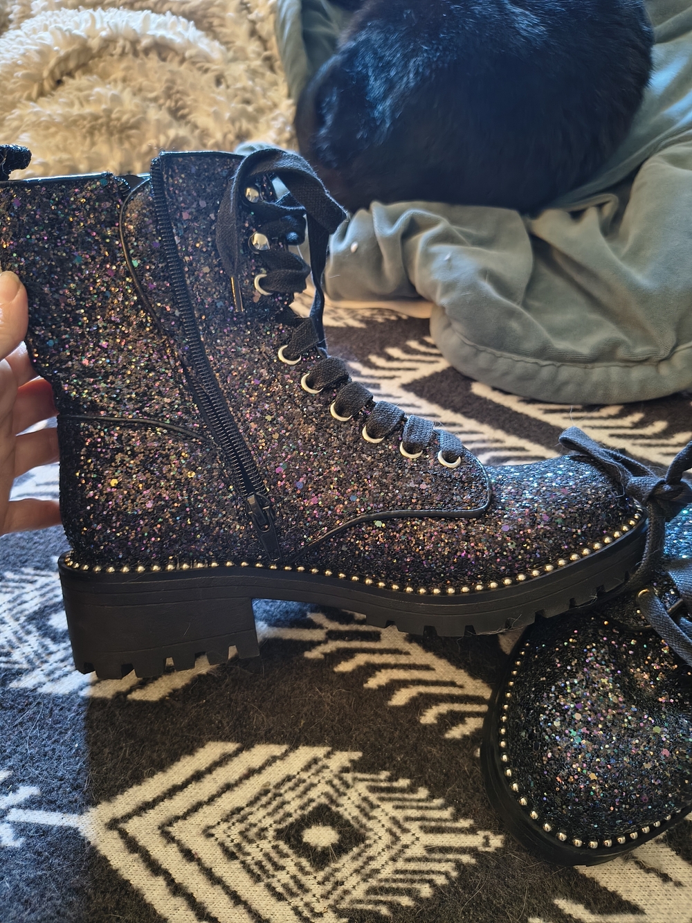 Women's Black Multi-Glitter Ankle Booties with Stud Trim